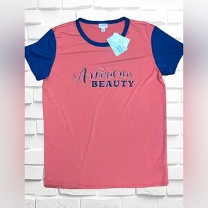 LuLaRoe Women’s XL Liv Retro Graphic Tee “American Beauty” Ribbed Neck & Cuffs